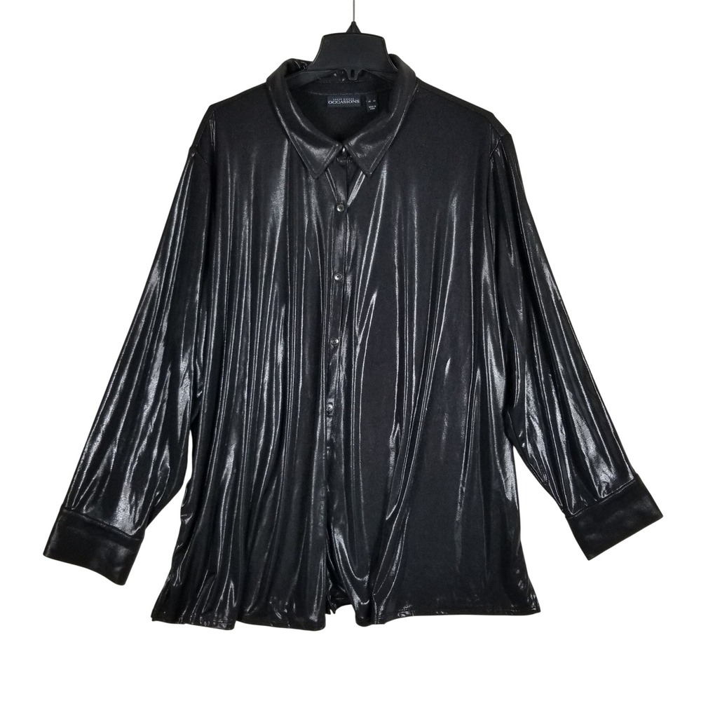 Susan Graver Occasions Button Down Women 4X Black Metallic Liquid Shine Shirt